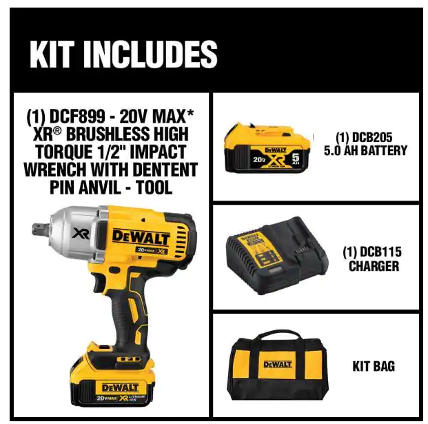 DEWALT 20-Volt MAX XR Cordless Brushless 1/2 in. High Torque Impact Wrench with Detent Pin Anvil, (1) 20-Volt 5.0Ah Battery