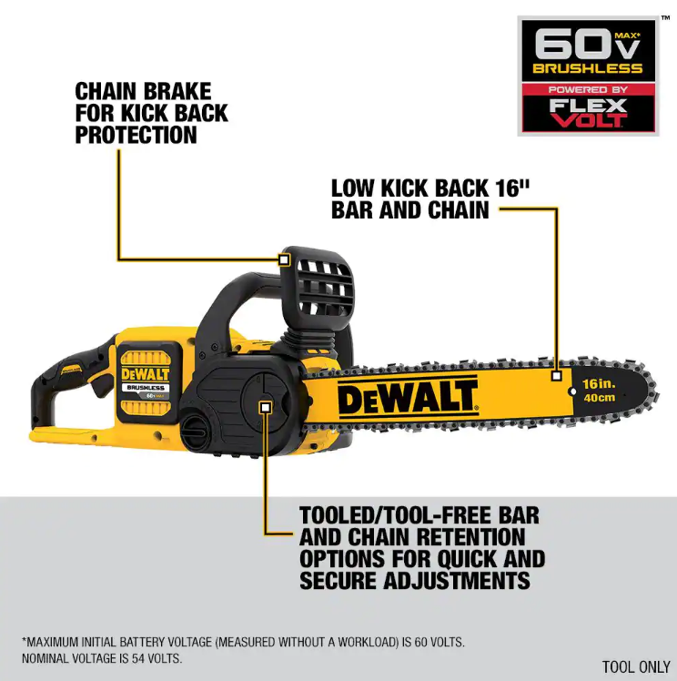 DEWALT 16" 60V MAX Brushless Cordless Battery Powered Chainsaw Kit with (1) FLEXVOLT 3Ah Battery & Charger