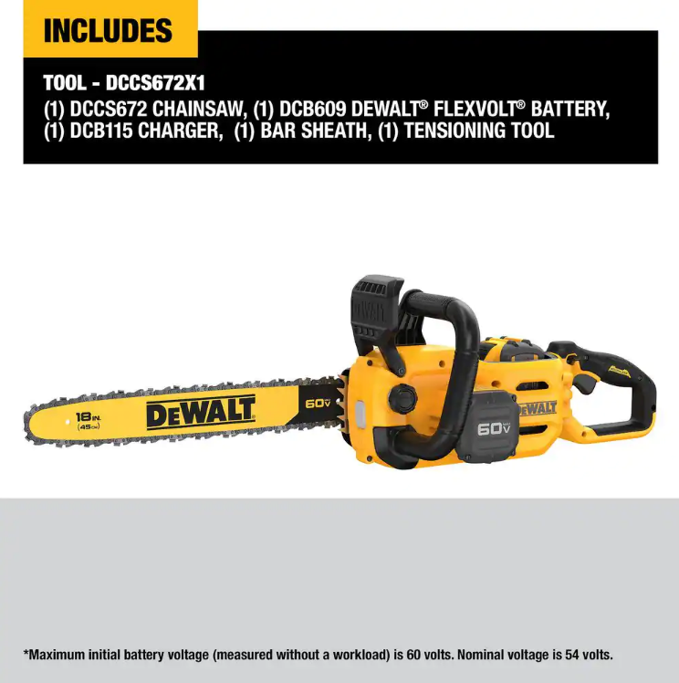 DEWALT 18" 60V MAX Brushless Cordless Battery Powered Chainsaw Kit with (1) FLEXVOLT 3Ah Battery & Charger